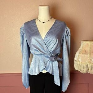 Express Office Siren Blouse Peplum Pleated Satin Top Animal Print Blue Size XS